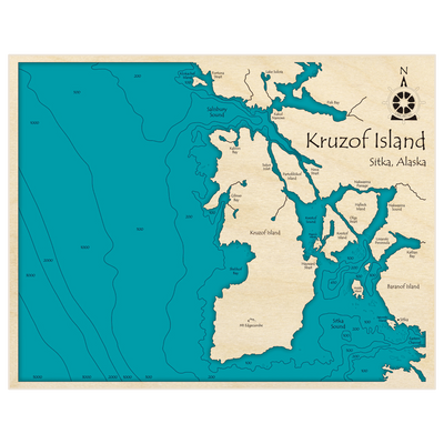 Bathymetric topo map of Kruzof Island with roads, towns and depths noted in blue water