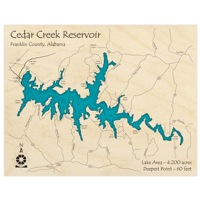 Bathymetric topo map of Cedar Creek Reservoir with roads, towns and depths noted in blue water