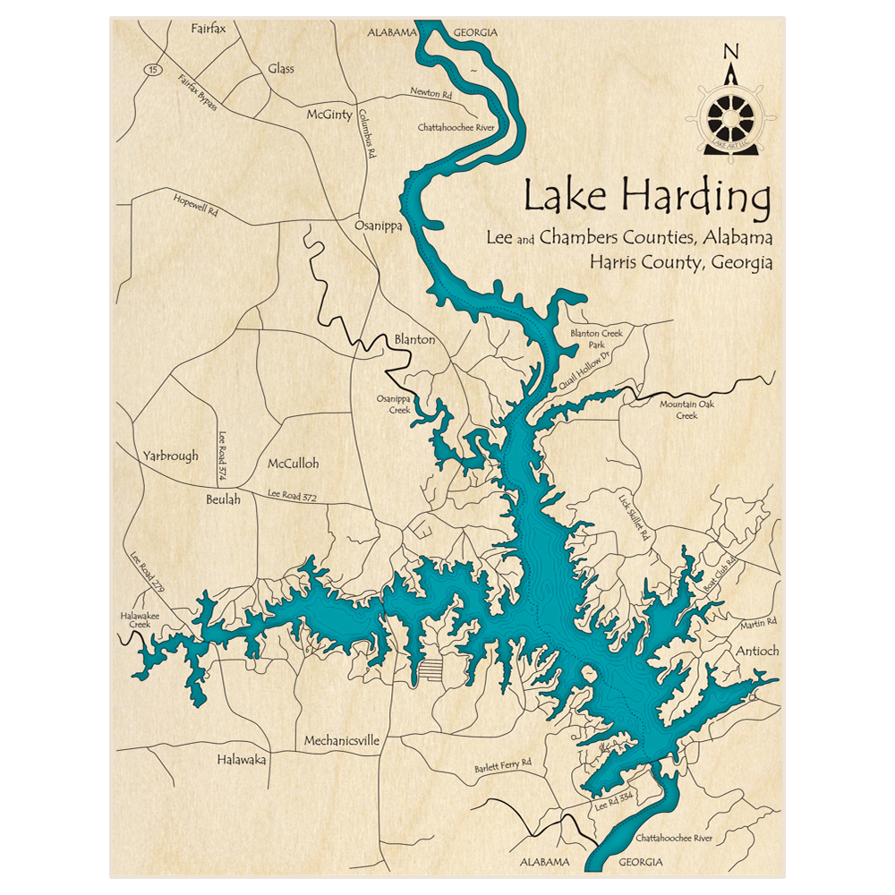 Bathymetric topo map of Lake Harding   with roads, towns and depths noted in blue water