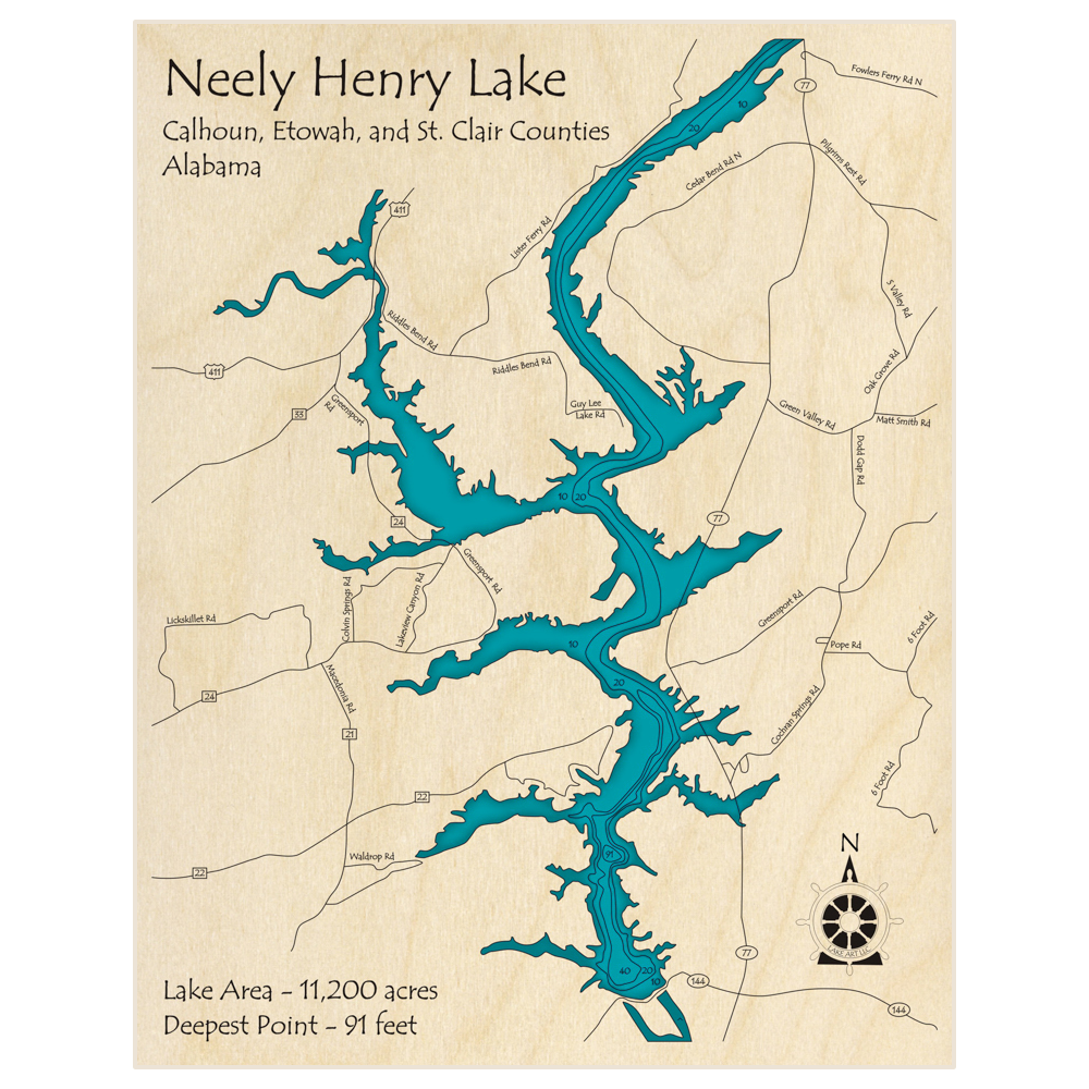 Bathymetric topo map of Neely Henry Lake with roads, towns and depths noted in blue water