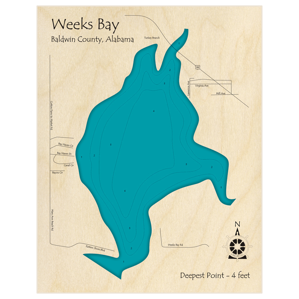 Bathymetric topo map of Weeks Bay with roads, towns and depths noted in blue water