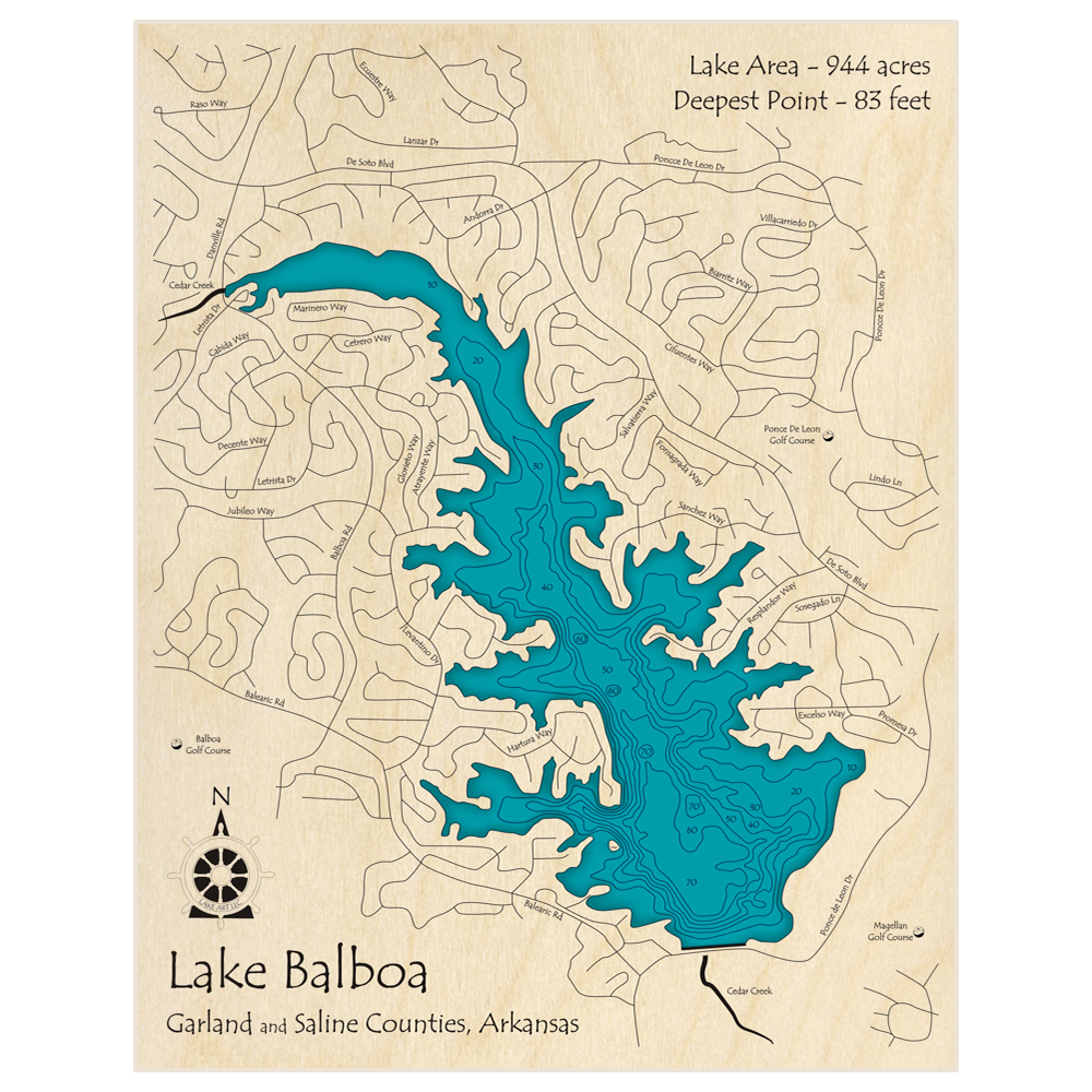 Bathymetric topo map of Lake Balboa with roads, towns and depths noted in blue water