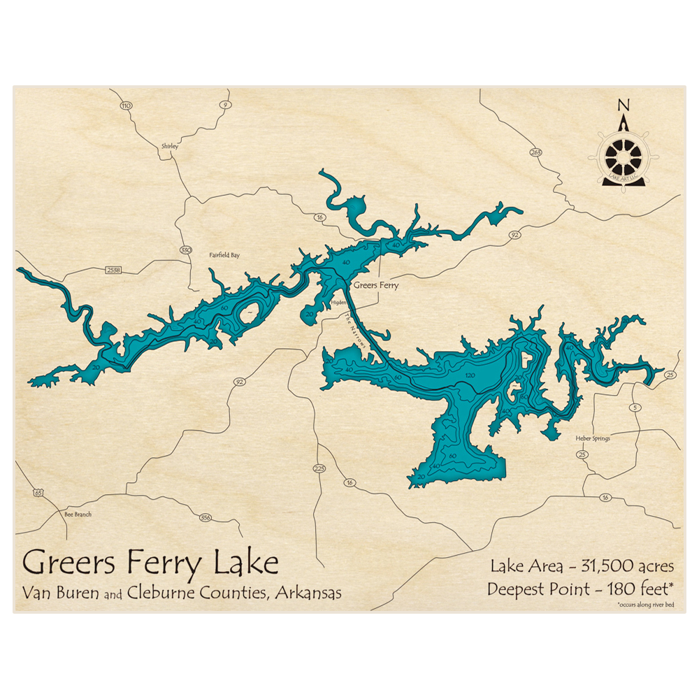 Bathymetric topo map of Greers Ferry Lake with roads, towns and depths noted in blue water