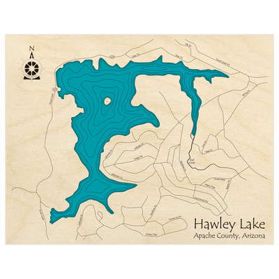 Bathymetric topo map of Hawley Lake with roads, towns and depths noted in blue water