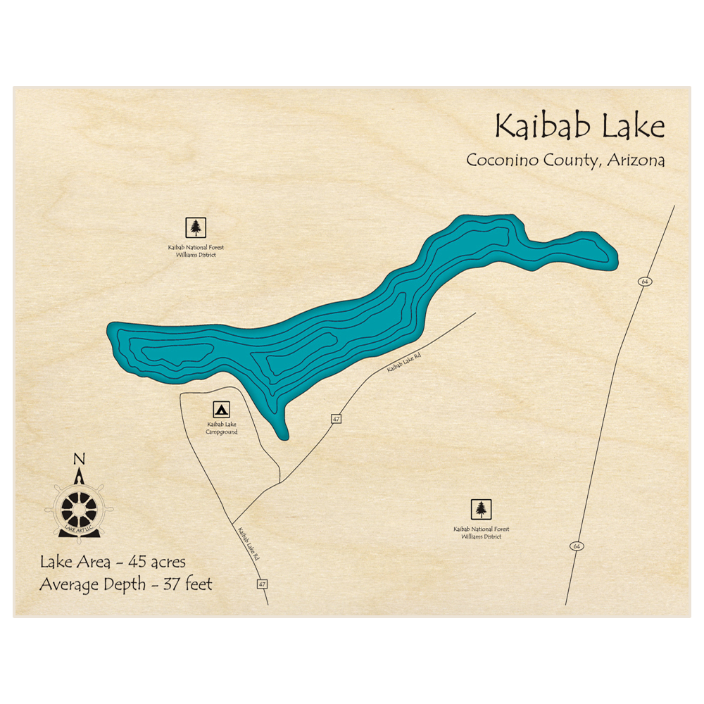 Bathymetric topo map of Kaibab Lake  with roads, towns and depths noted in blue water