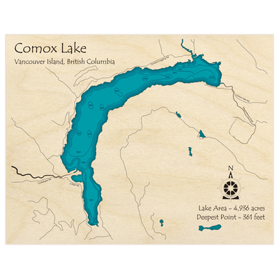 Bathymetric topo map of Comox Lake with roads, towns and depths noted in blue water