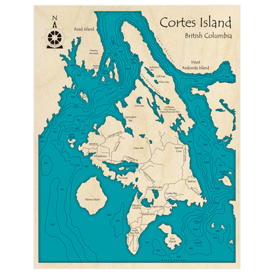 Bathymetric topo map of Cortes Island with roads, towns and depths noted in blue water