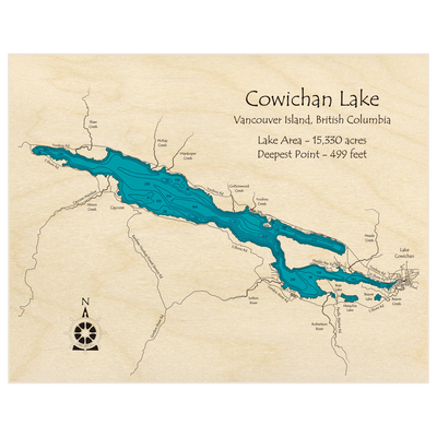 Bathymetric topo map of Cowichan Lake (in Feet) with roads, towns and depths noted in blue water