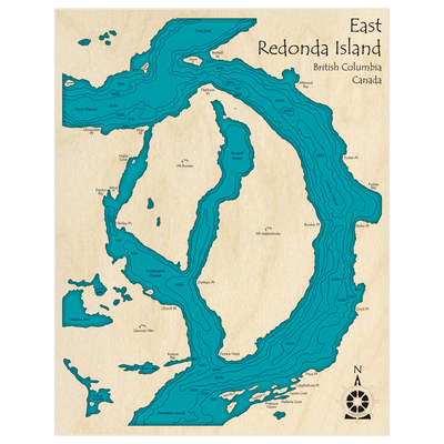 Bathymetric topo map of East Redonda Island with roads, towns and depths noted in blue water