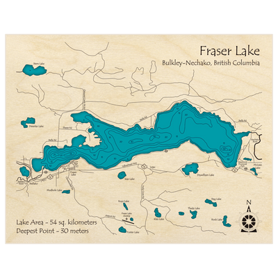 Bathymetric topo map of Fraser Lake with roads, towns and depths noted in blue water