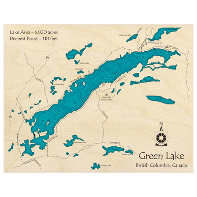 Bathymetric topo map of Green Lake (in Feet) with roads, towns and depths noted in blue water