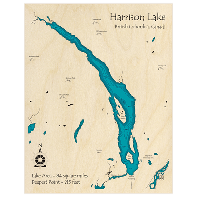 Bathymetric topo map of Harrison Lake with roads, towns and depths noted in blue water