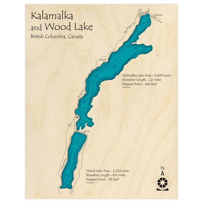 Bathymetric topo map of Kalamalka Lake and Wood Lake with roads, towns and depths noted in blue water