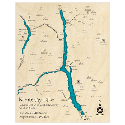 Bathymetric topo map of Kootenay Lake with roads, towns and depths noted in blue water