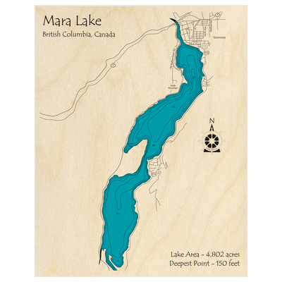 Bathymetric topo map of Mara Lake with roads, towns and depths noted in blue water