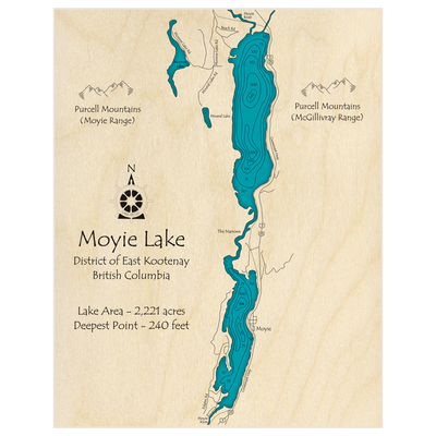 Bathymetric topo map of Moyie Lake with roads, towns and depths noted in blue water