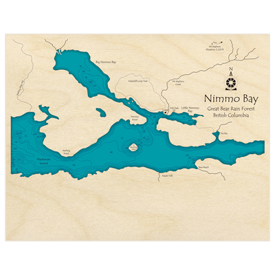 Bathymetric topo map of Nimmo Bay with roads, towns and depths noted in blue water