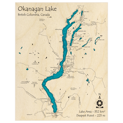 Bathymetric topo map of Okanagan Lake with roads, towns and depths noted in blue water