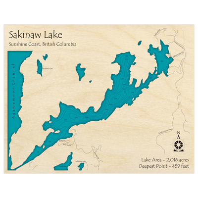 Bathymetric topo map of Sakinaw Lake with roads, towns and depths noted in blue water