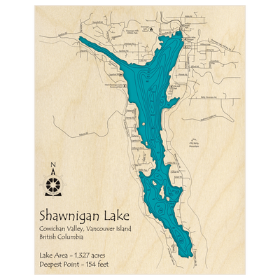 Bathymetric topo map of Shawnigan Lake with roads, towns and depths noted in blue water