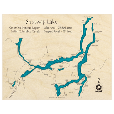 Bathymetric topo map of Shuswap Lake (in Feet) with roads, towns and depths noted in blue water