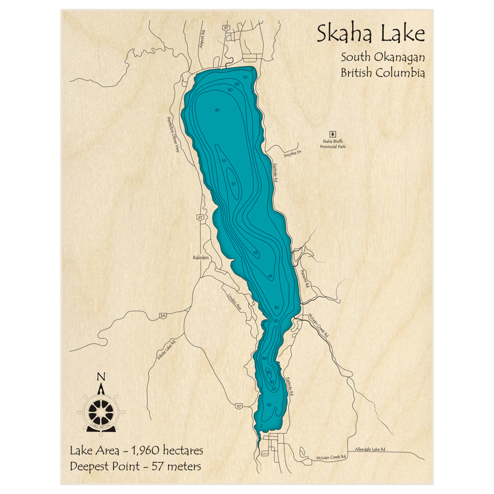 Bathymetric topo map of Skaha Lake with roads, towns and depths noted in blue water