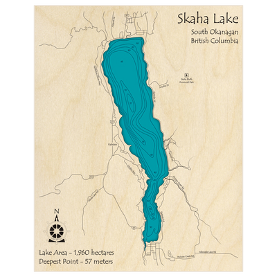 Bathymetric topo map of Skaha Lake with roads, towns and depths noted in blue water