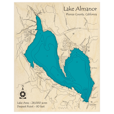 Bathymetric topo map of Lake Almanor with roads, towns and depths noted in blue water