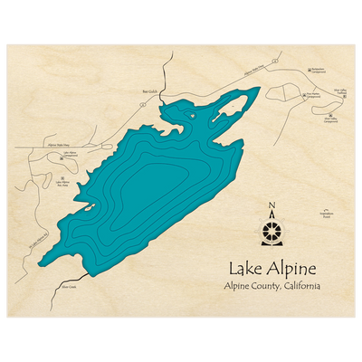 Bathymetric topo map of Lake Alpine  with roads, towns and depths noted in blue water