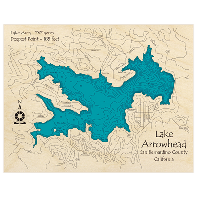 Bathymetric topo map of Lake Arrowhead with roads, towns and depths noted in blue water