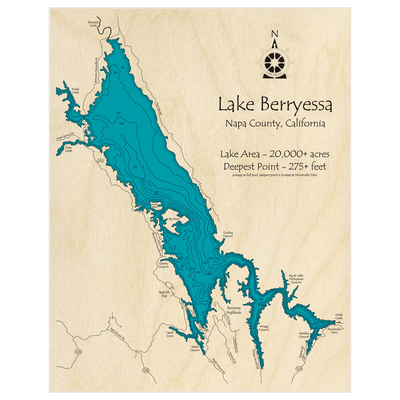 Bathymetric topo map of Lake Berryessa with roads, towns and depths noted in blue water