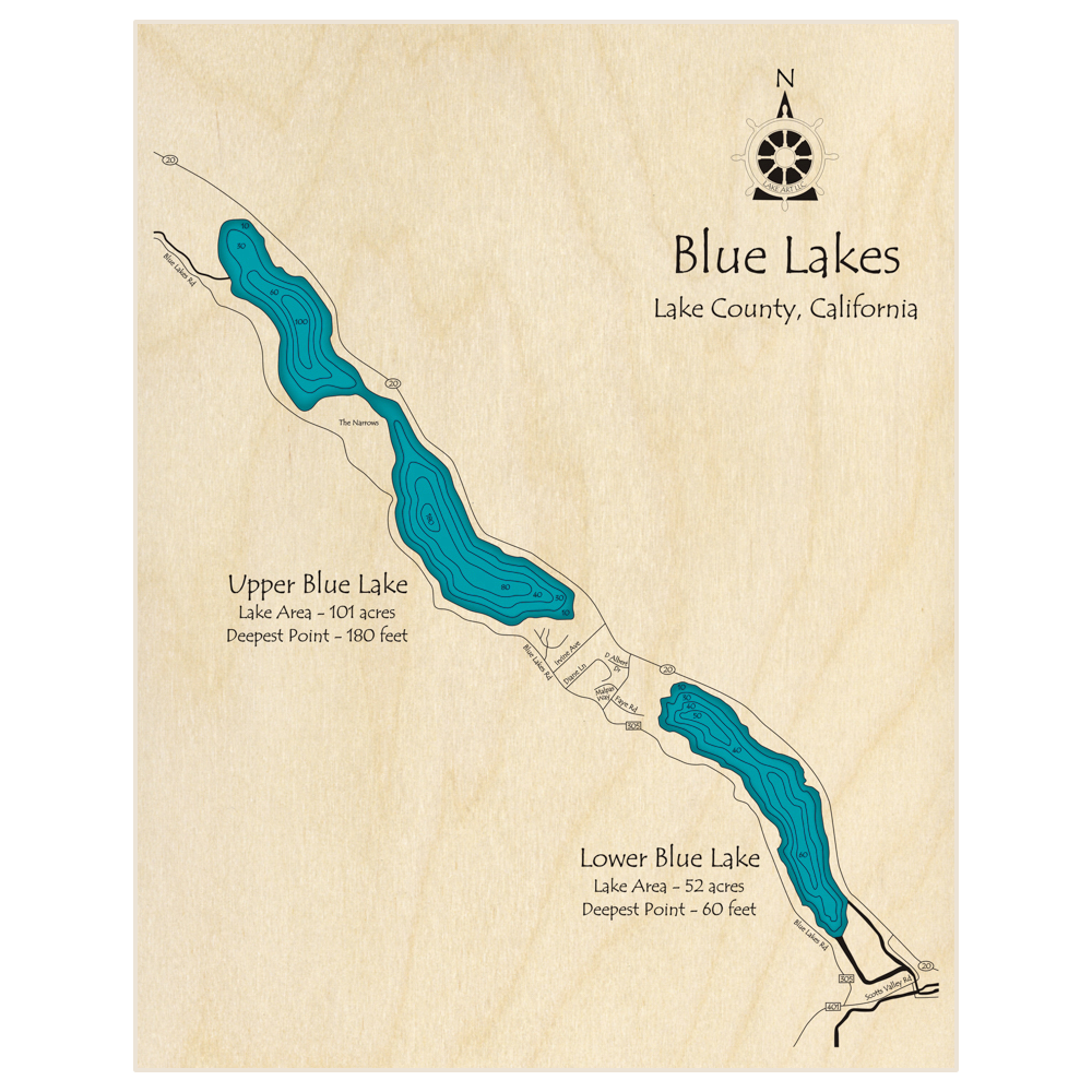Bathymetric topo map of Upper and Lower Blue Lakes with roads, towns and depths noted in blue water