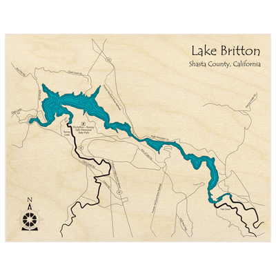 Bathymetric topo map of Lake Britton  with roads, towns and depths noted in blue water