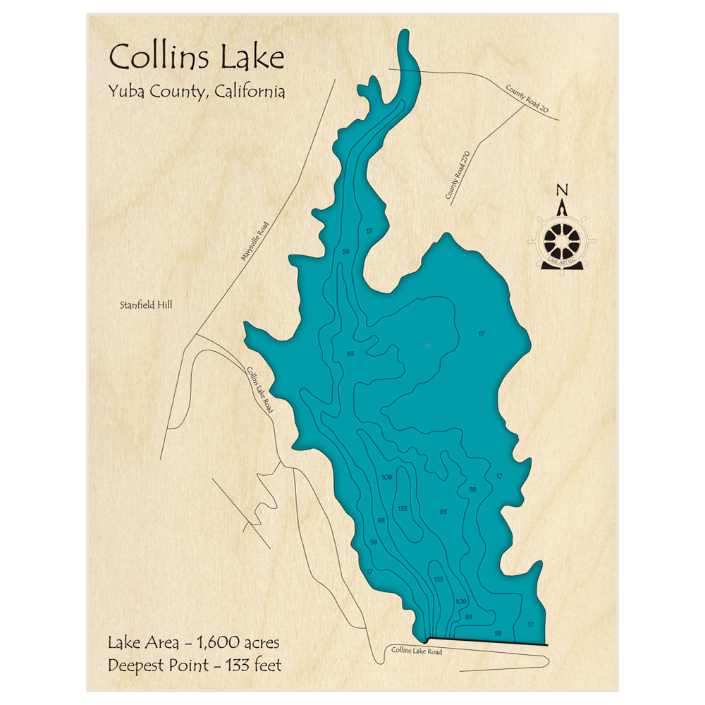 Bathymetric topo map of Collins Lake with roads, towns and depths noted in blue water