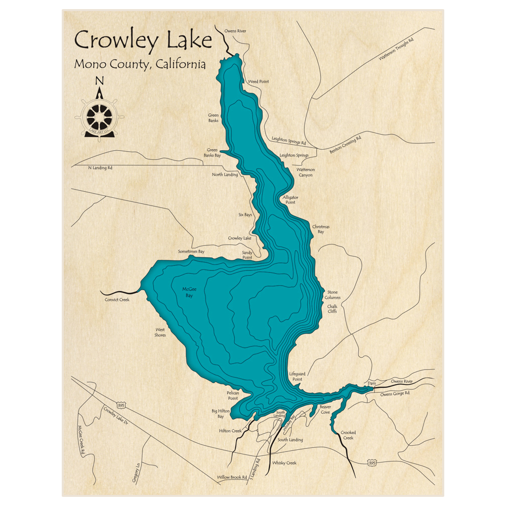 Bathymetric topo map of Crowley Lake  with roads, towns and depths noted in blue water