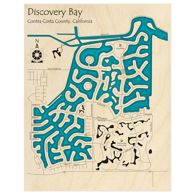 Bathymetric topo map of Discovery Bay with roads, towns and depths noted in blue water