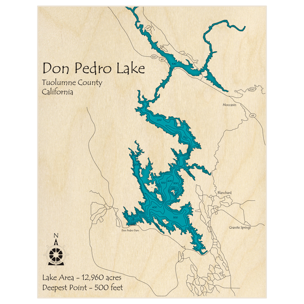 Bathymetric topo map of Don Pedro Lake with roads, towns and depths noted in blue water