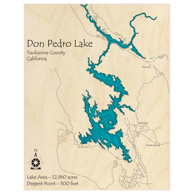 Bathymetric topo map of Don Pedro Lake with roads, towns and depths noted in blue water