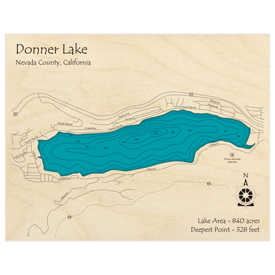 Bathymetric topo map of Donner Lake with roads, towns and depths noted in blue water