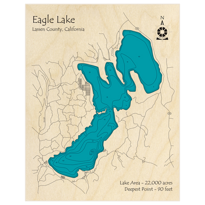 Bathymetric topo map of Eagle Lake with roads, towns and depths noted in blue water