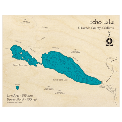 Bathymetric topo map of Echo Lake with roads, towns and depths noted in blue water