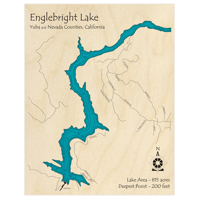 Bathymetric topo map of Englebright Lake with roads, towns and depths noted in blue water