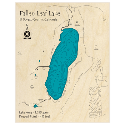 Bathymetric topo map of Fallen Leaf Lake with roads, towns and depths noted in blue water