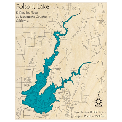 Bathymetric topo map of Folsom Lake with roads, towns and depths noted in blue water