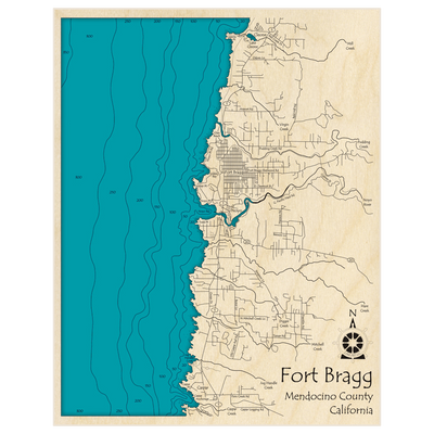 Bathymetric topo map of Fort Bragg with roads, towns and depths noted in blue water