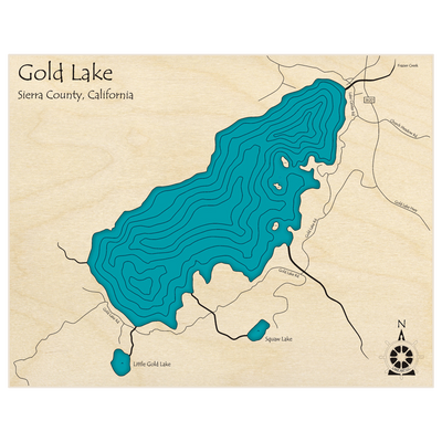 Bathymetric topo map of Gold Lake  with roads, towns and depths noted in blue water