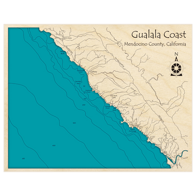 Bathymetric topo map of Gualala Coast (Point Arena to Gualala) with roads, towns and depths noted in blue water