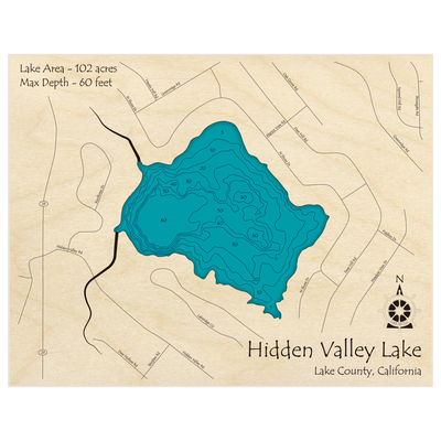 Bathymetric topo map of Hidden Valley with roads, towns and depths noted in blue water