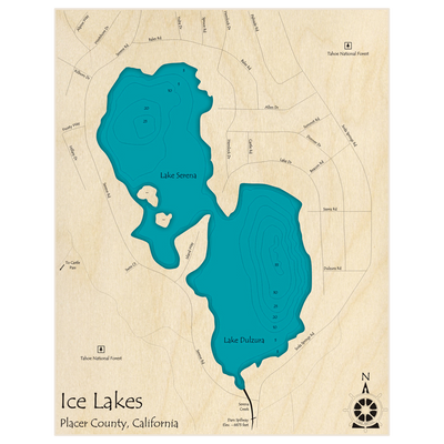 Bathymetric topo map of Ice Lakes (Lakes Serena and Dulzura) with roads, towns and depths noted in blue water