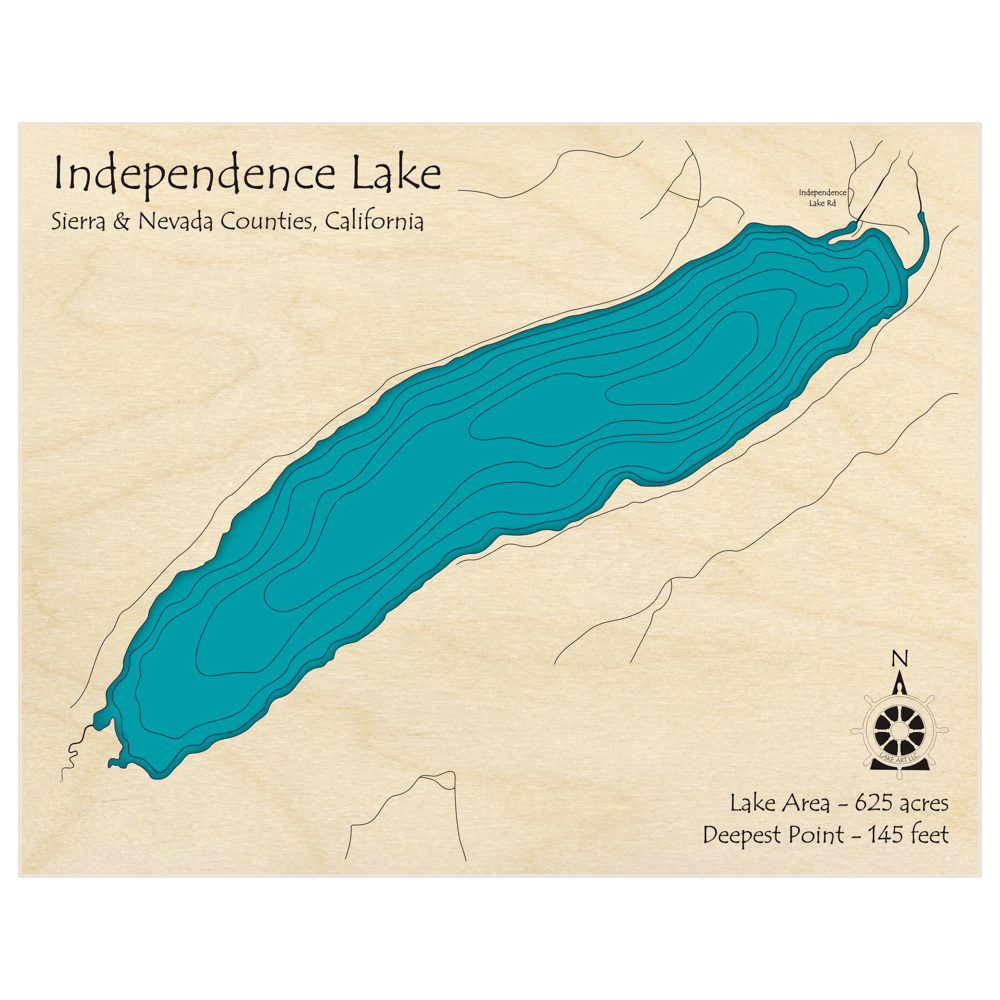 Bathymetric topo map of Independence Lake  with roads, towns and depths noted in blue water